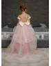 Peach Pearl Beaded 3D Flowers Tulle Flower Girl Dress With Train